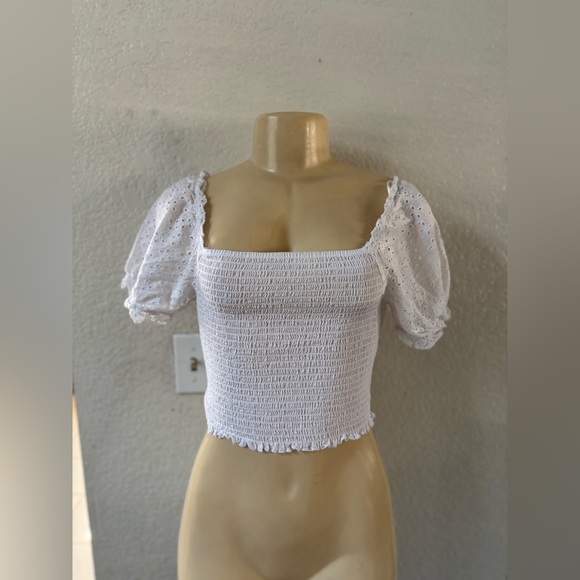 Love Tree Tops - Love Tree White Smocked Eyelet Crop Top